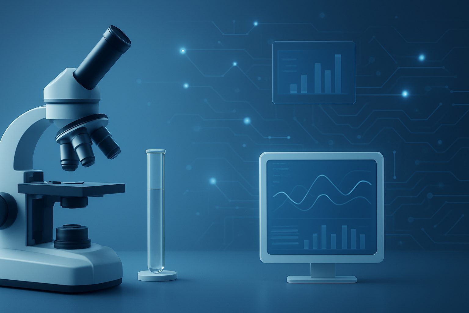 A modern laboratory setup featuring a microscope, a test tube, and a computer displaying data graphs against a blue back