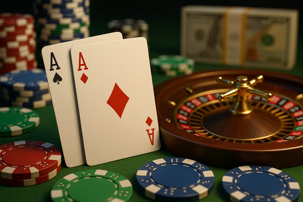 Two playing cards with aces on a poker table surrounded by chips and a roulette wheel